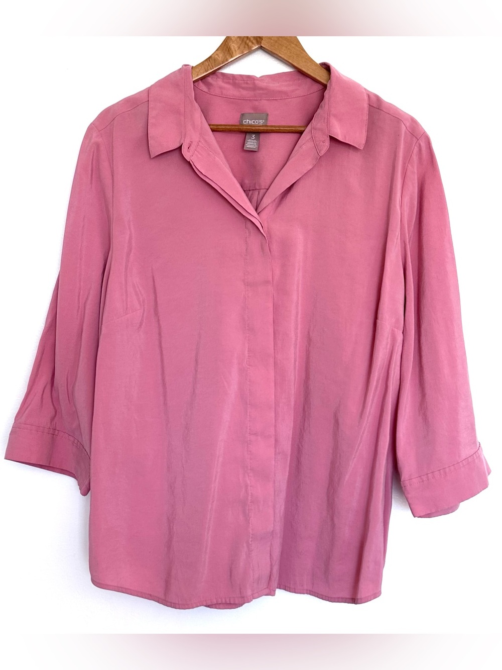 Chico’s Shirt Women’s Size 3 Pink 3/4 Sleeve Collared Button Down Blouse Top